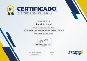 Certificado de conclusão - 25 Dicas de Performance no SQL Server